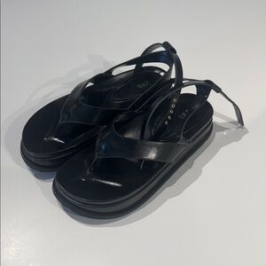 Zara Black Leather Thong Sandals with Ankle Buckle